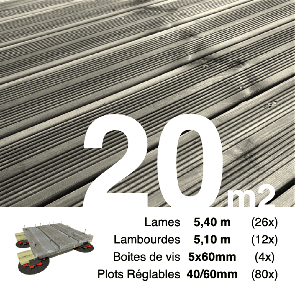 Kit complet terrasse pin autoclave gris pour 20 m², lames 5,4 m, lambourdes 5,1 m, plots réglables et visserie inox.