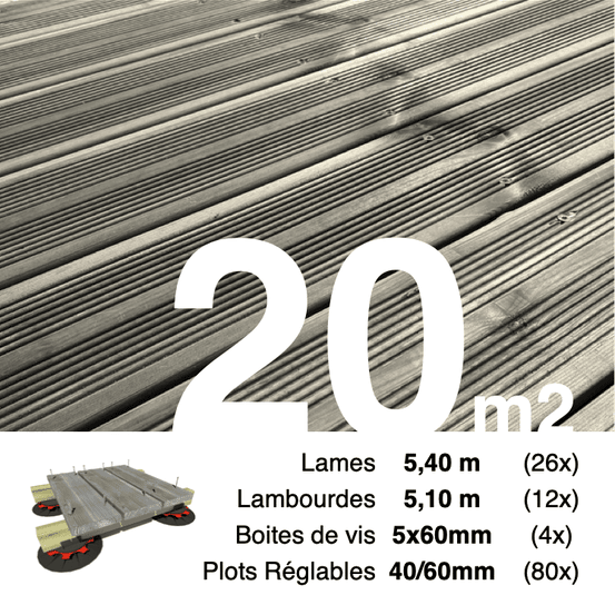 Kit complet terrasse pin autoclave gris pour 20 m², lames 5,4 m, lambourdes 5,1 m, plots réglables et visserie inox.