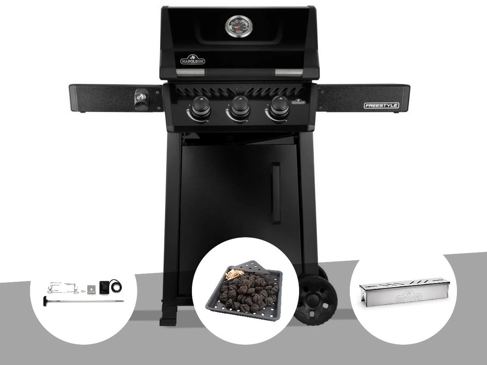 Barbecue gaz freestyle 365 noir 3 brûleurs + rôtissoire + plateau charbon + boit