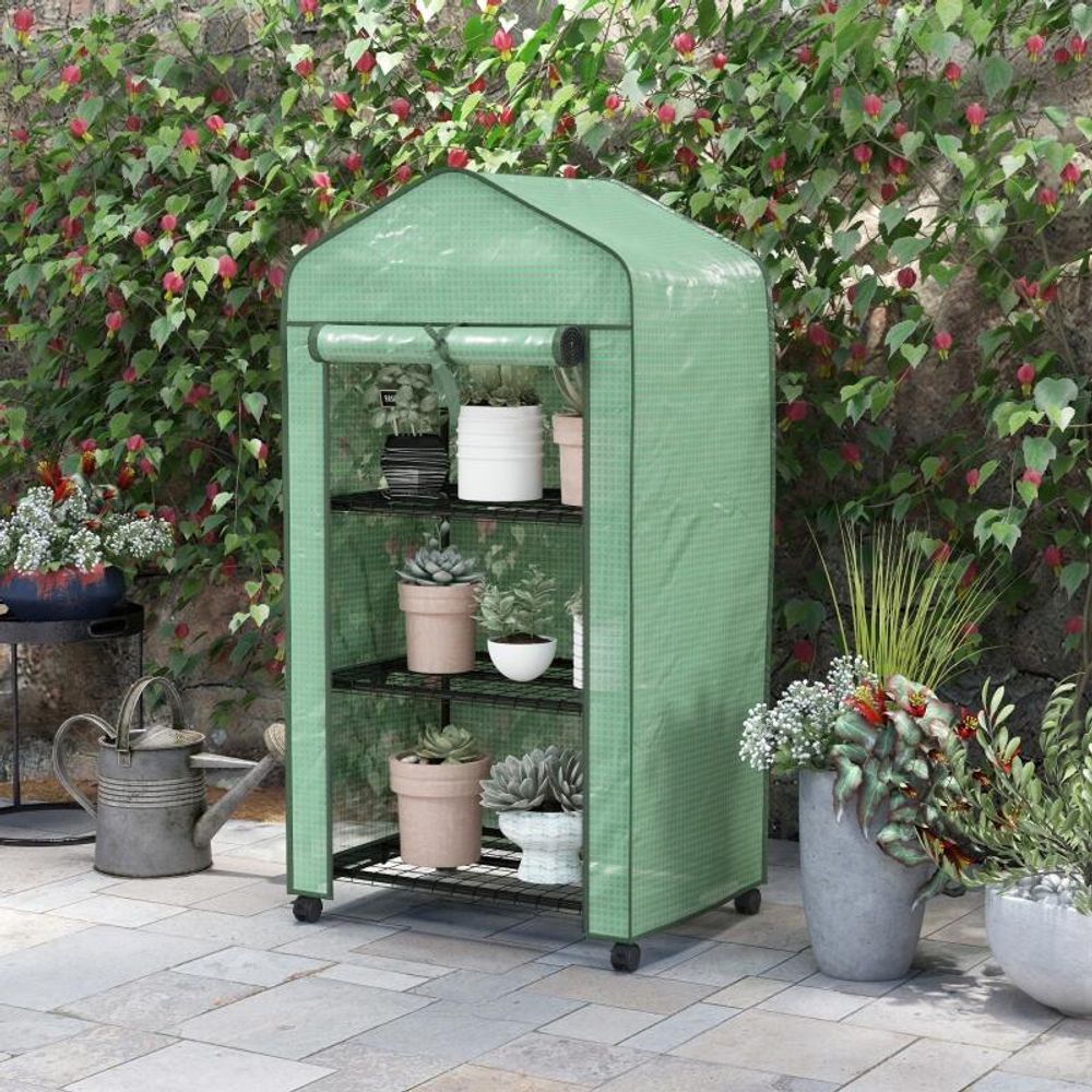 Mini serre de jardin 3 étagères bâche pe verte 69 x 49 x 130 cm balcon sur roulettes - comfortxl outdoor living