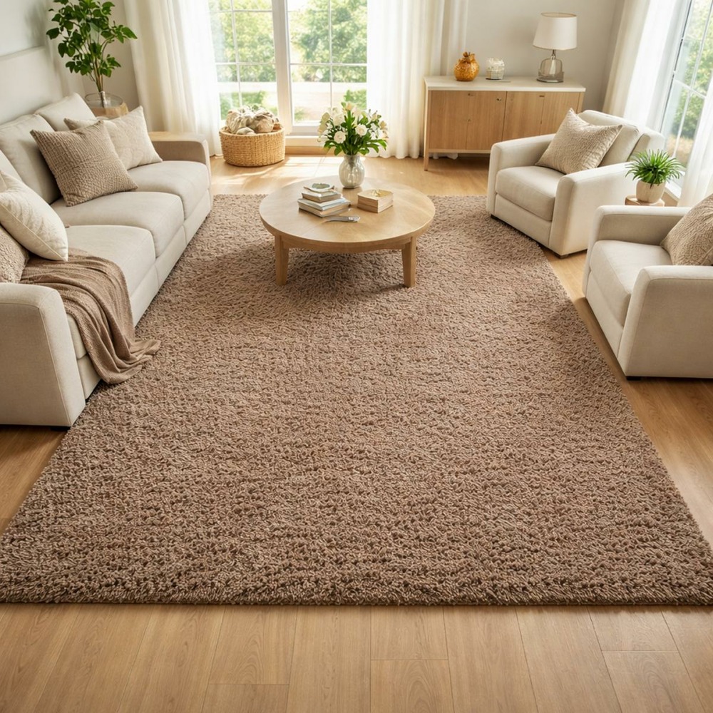 Tapis poils longs shaggy 300x400 rectangle tissé mocca motif uni uni l
