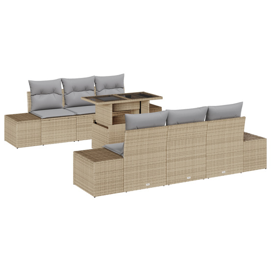 Ensemble de canapés de jardin 7 pièces avec coussins beige poly rattan