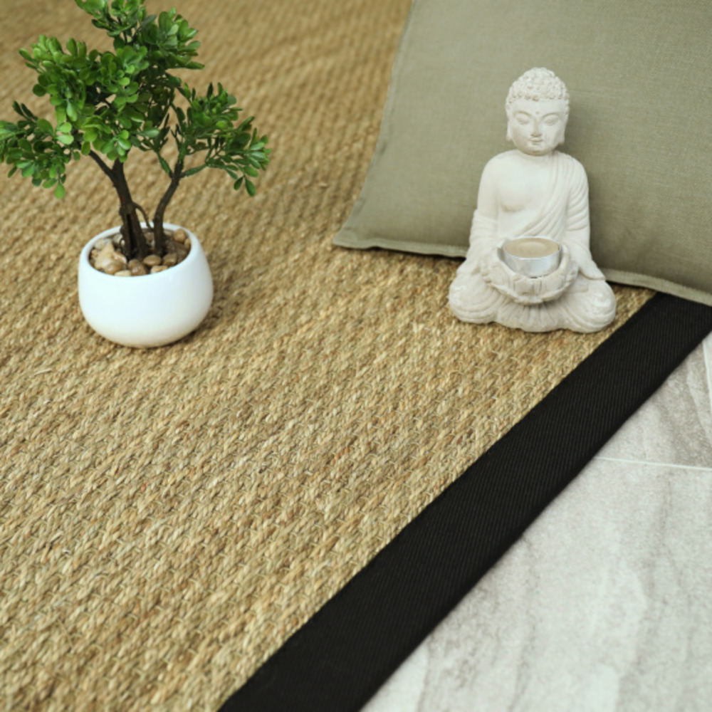 Tapis jonc de mer kalapa fin panama - ganse noire - 200 x 290 cm