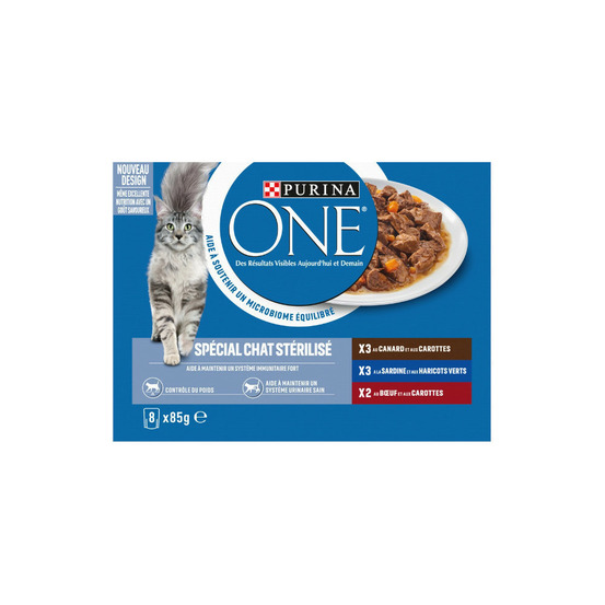 8 sachets de 85g pour chat stérilisé au canard, à la sardine et au boeuf pu