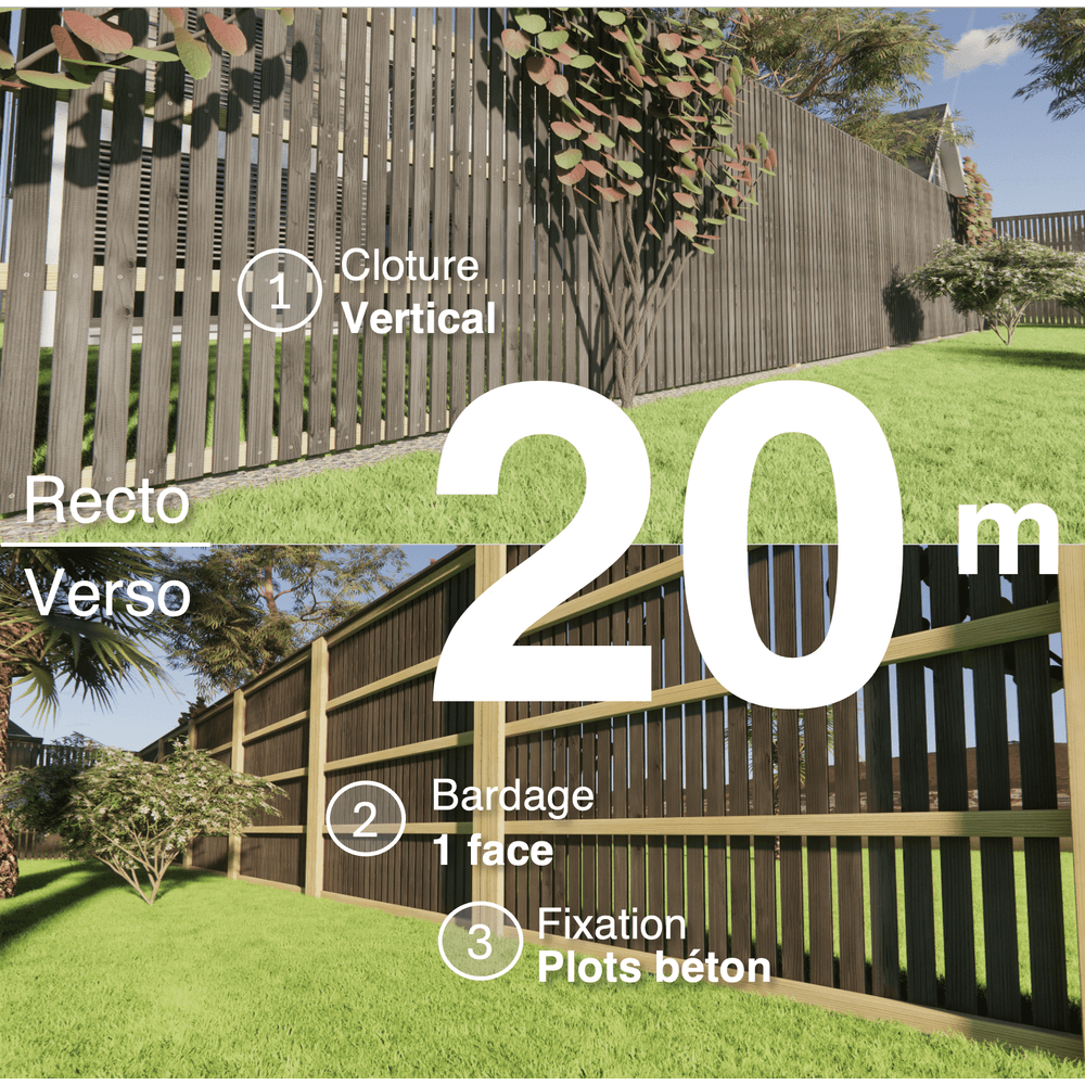 Kit clôture bois moderne 20m – h 2,3m – 20 x 70 mm noir par trempage – pose vertical – simple face – à sceller