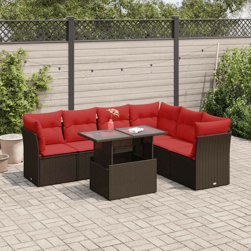 Salon de jardin avec coussins 7 pcs marron résine tressée acacia