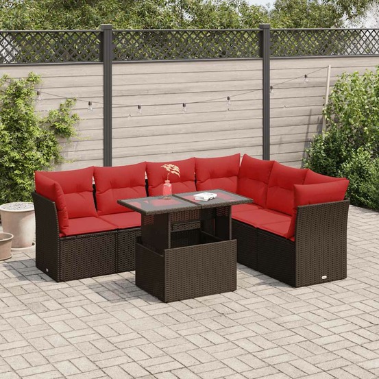 Salon de jardin avec coussins 7 pcs marron résine tressée acacia