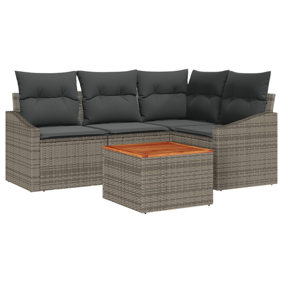 Ensemble de canapé jardin 5 pièces avec coussins gris en poly rattan acacia