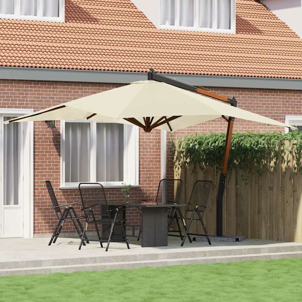 Parasol de jardin en porte-à-faux avec mât en bois blanc sable