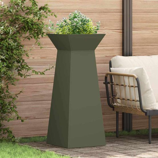 Jardinière haute pilier en acier pour jardin vert olive 100 cm