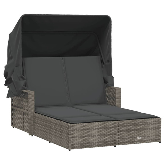 Chaise longue double et auvent et coussins gris résine tressée bain de soleil