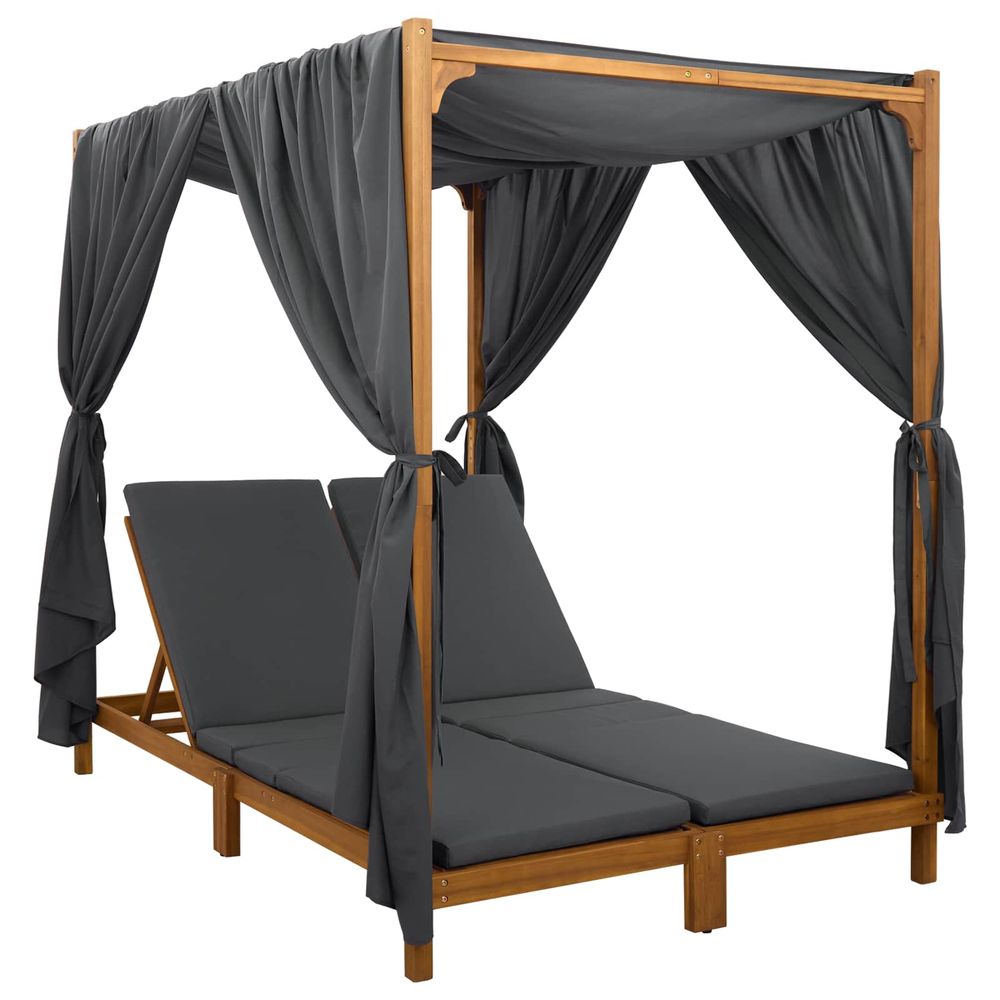 Chaise longue double avec auvent et rideaux gris foncé bain de soleil