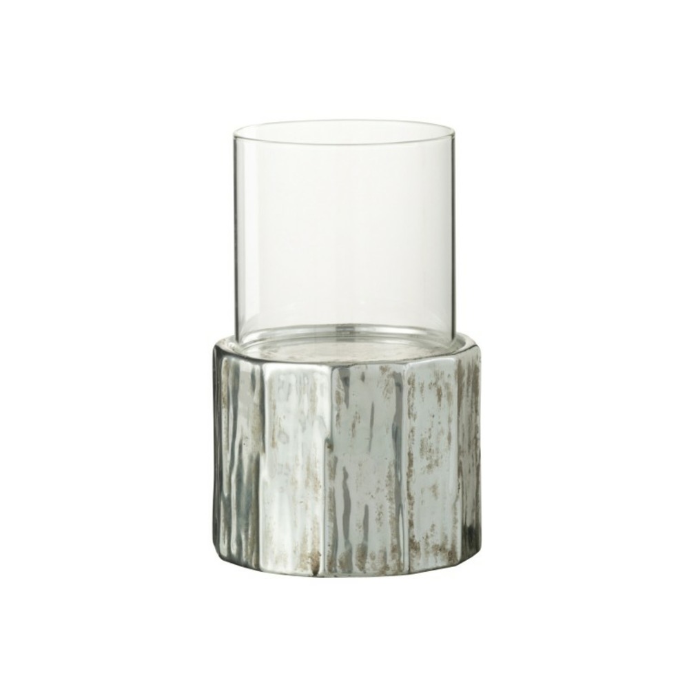Photophore verre et en céramique argent 14x14x23 cm