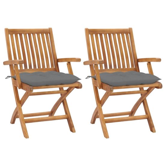 Chaises pliantes (lot de 2) avec coussins gris, en teck massif