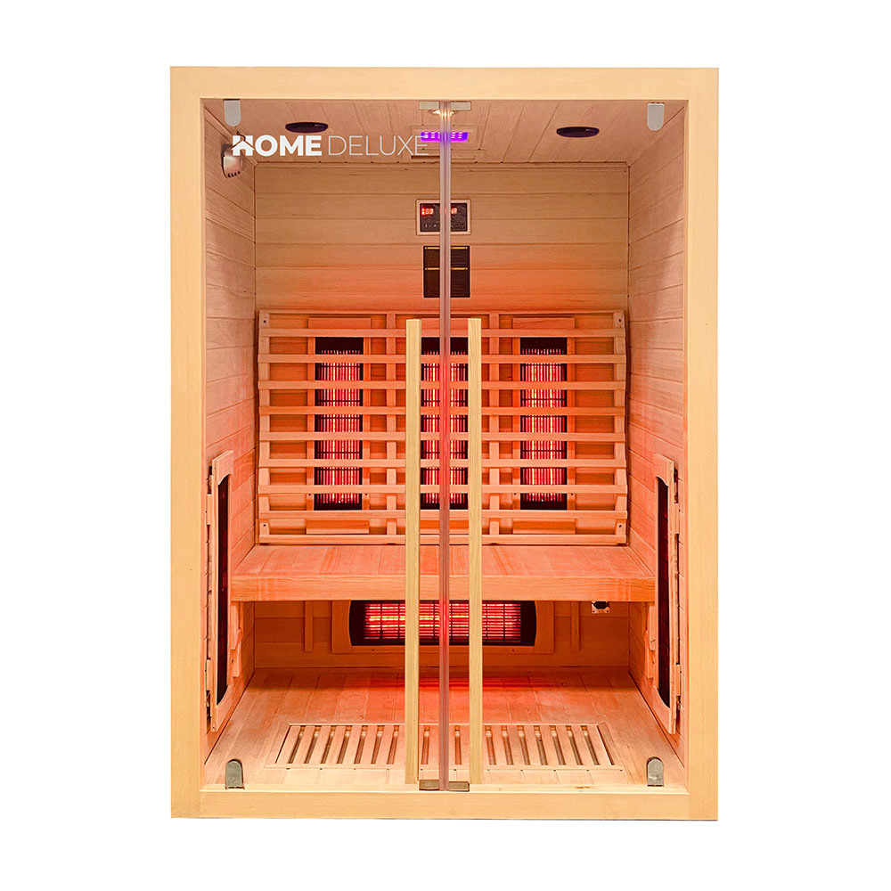 Home deluxe – cabine infrarouge sonora m – 135 x 105 x 190 cm - pour 1 à 2 personnes, 6 émetteurs à spectre complet, bois : pruche i