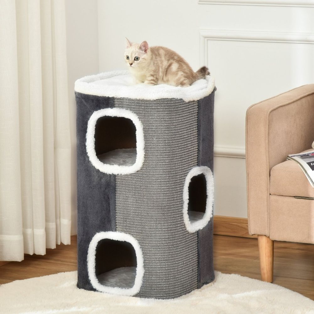 Tour à griffer arbre à chat sisal peluche 3 niveaux 74cm gris - comfortxl pet living