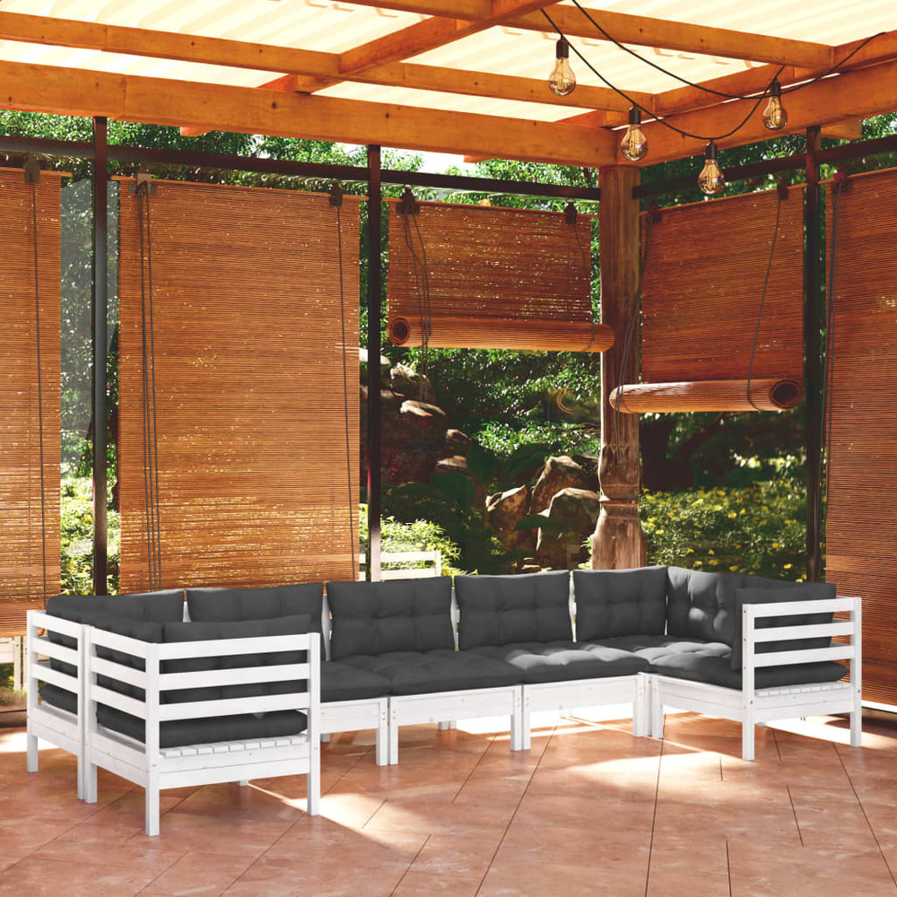Salon de jardin 7 pcs avec coussins blanc bois de pin