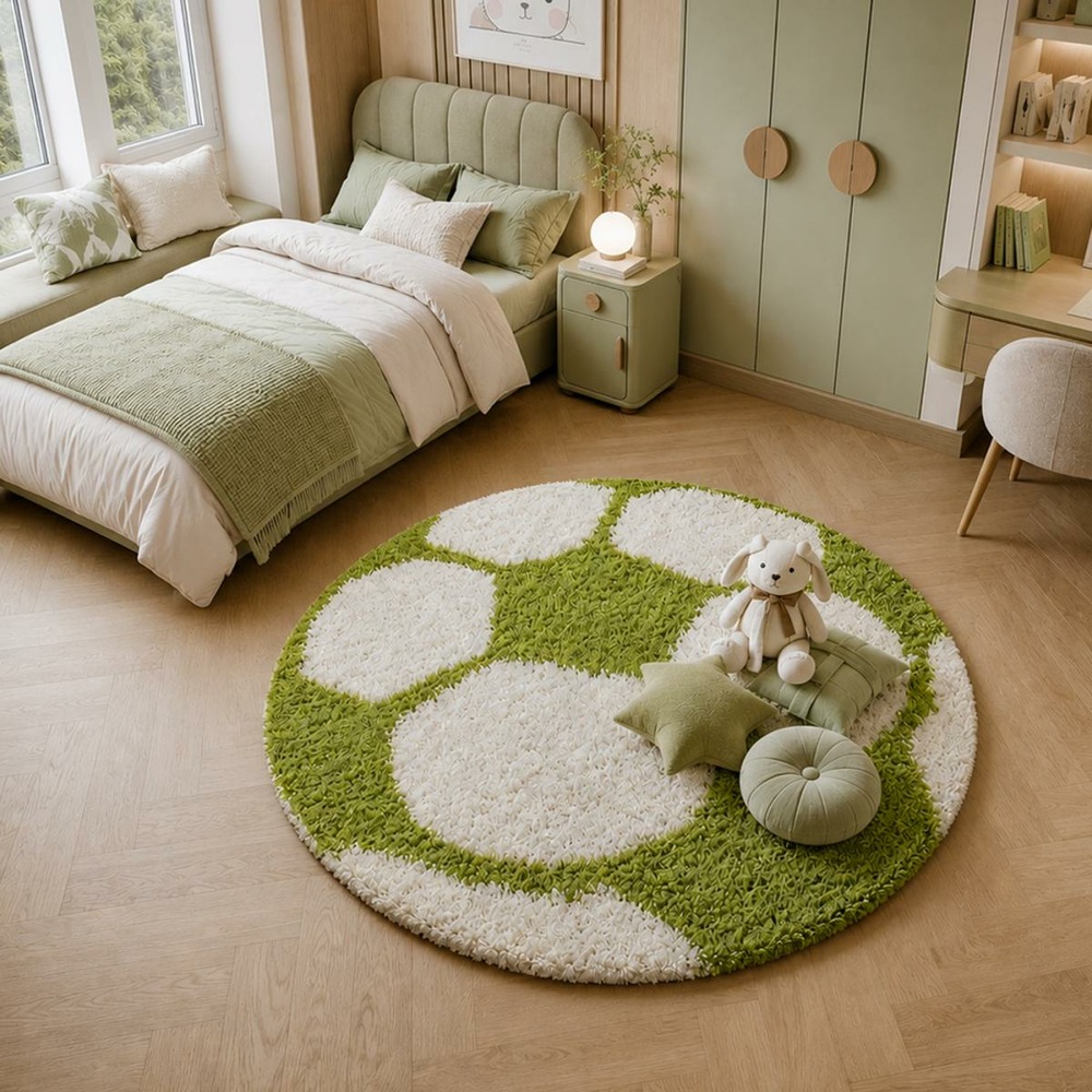 Tapis enfant ø100cm rond tissé vert et crème shaggy foot