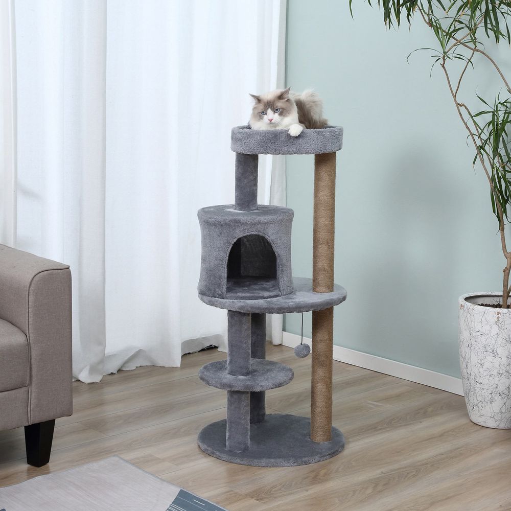 Arbre à chats multi-équipements griffoirs grattoirs plateformes niche jeu boule suspendue ø 48 x 104h cm gris