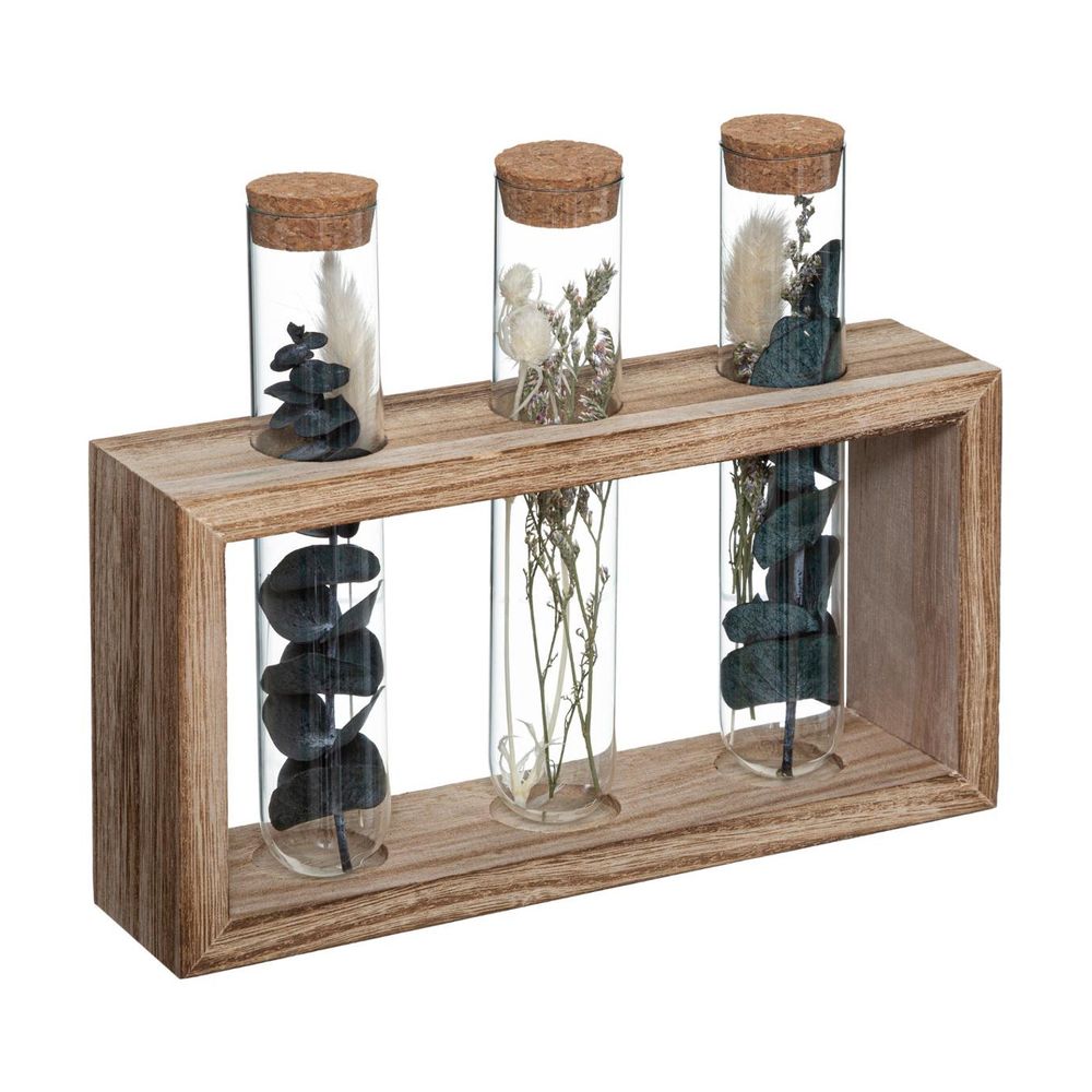Fleurs séchées dans 3 tubes en verre support en bois l 21 x h 17.2 cm