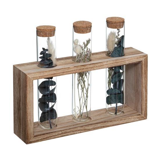 Fleurs séchées dans 3 tubes en verre support en bois l 21 x h 17.2 cm