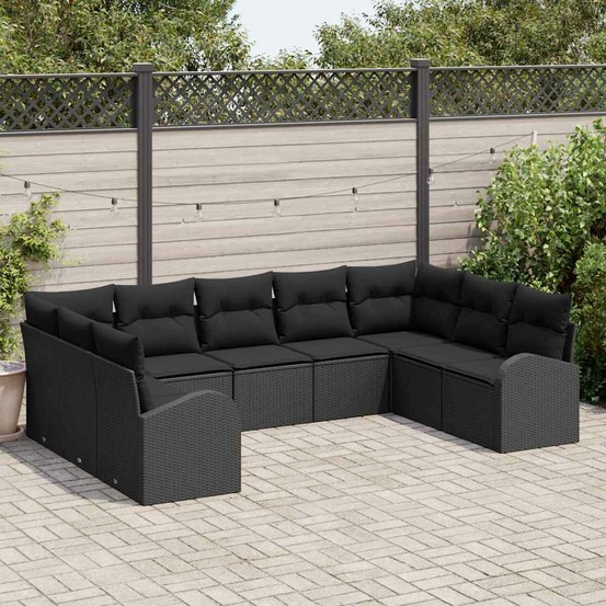 Ensemble de canapé de jardin avec coussin 9 pcs noir polyrotin