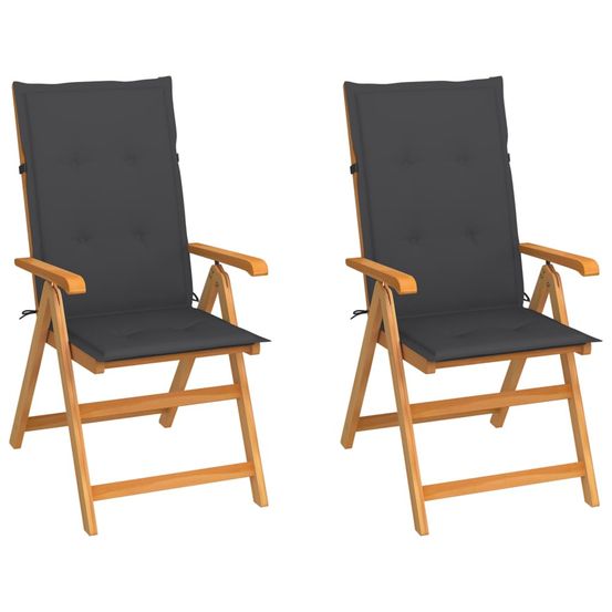Chaises pliantes (lot de 2) avec coussins anthracite, en teck massif