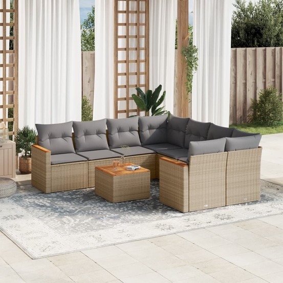Salon de jardin avec coussins 9 pcs beige résine tressée