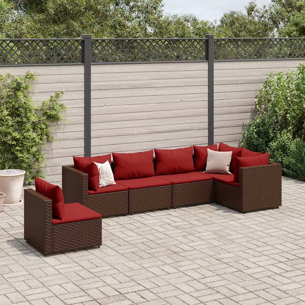 Salon de jardin 6 pcs avec coussins marron résine tressée