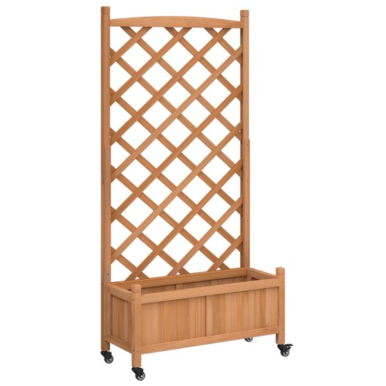 Jardinière avec treillis et roues marron bois massif de sapin