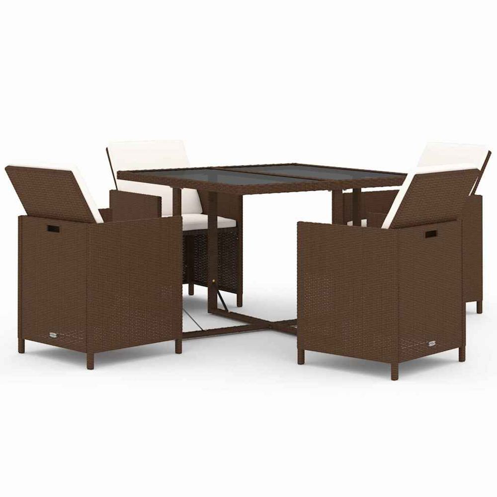 Ensemble à dîner de jardin avec coussins 5 pcs poly rotin brun
