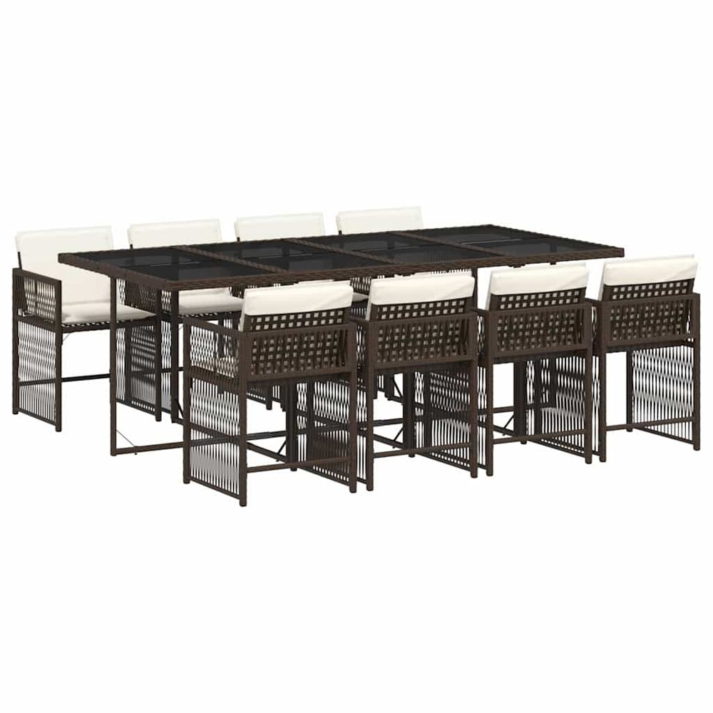 Ensemble à manger de jardin et coussins 9 pcs marron poly rotin