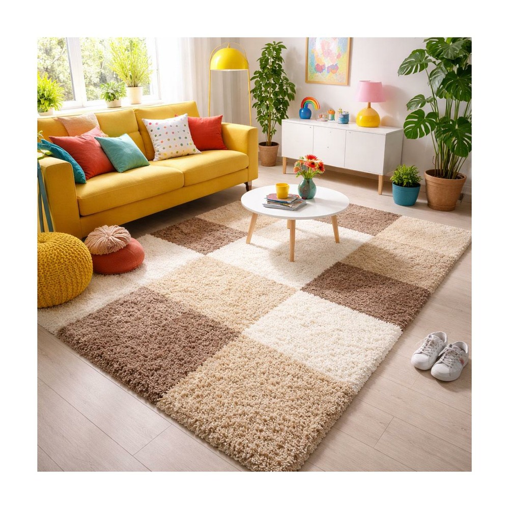 Tapis poils longs shaggy 160x230 rectangle tissé beige et marron motif damier