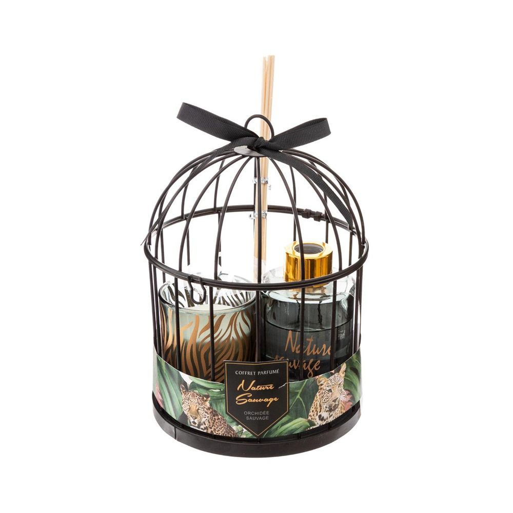 Coffret senteur nature sauvage cage en métal, diffuseur de parfum et bougie