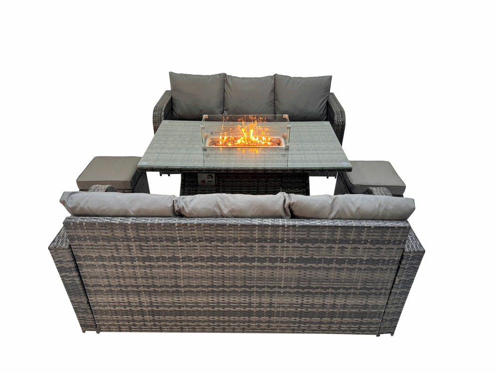 Salon de jardin avec table de foyer à gaz 8 places ensemble de canapés en rotin gris foncé mixte