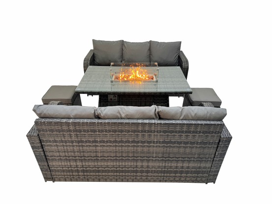 Salon de jardin avec table de foyer à gaz 8 places ensemble de canapés en rotin gris foncé mixte
