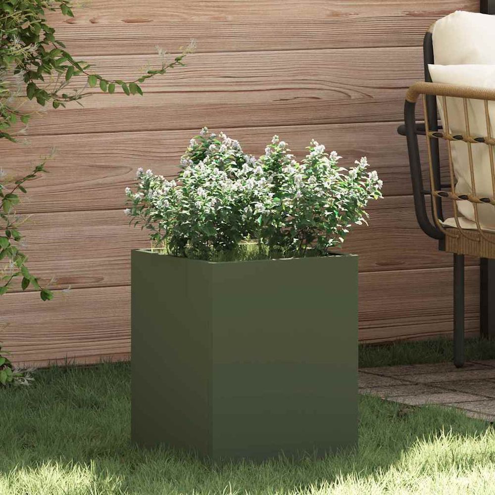 Jardinière carrée acier style industriel pour jardin vert olive 32x32x40 cm