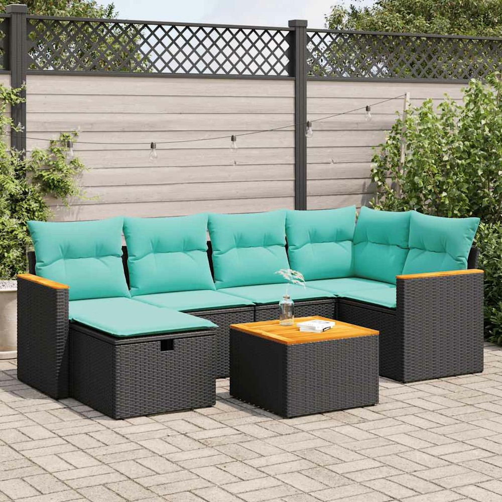 Salon de jardin 7 pcs avec coussins noir résine tressée