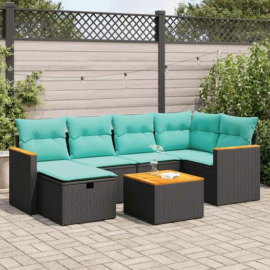 Salon de jardin 7 pcs avec coussins noir résine tressée
