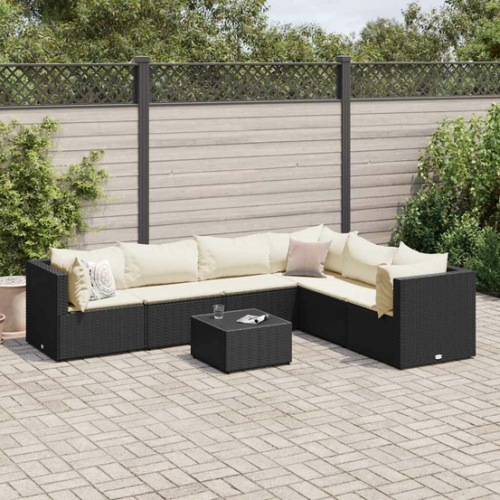 Salon de jardin 7 pcs avec coussins noir résine tressée