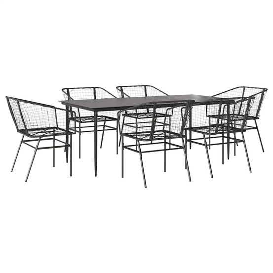 Ensemble à manger de jardin 7pcs noir poly rotin verre