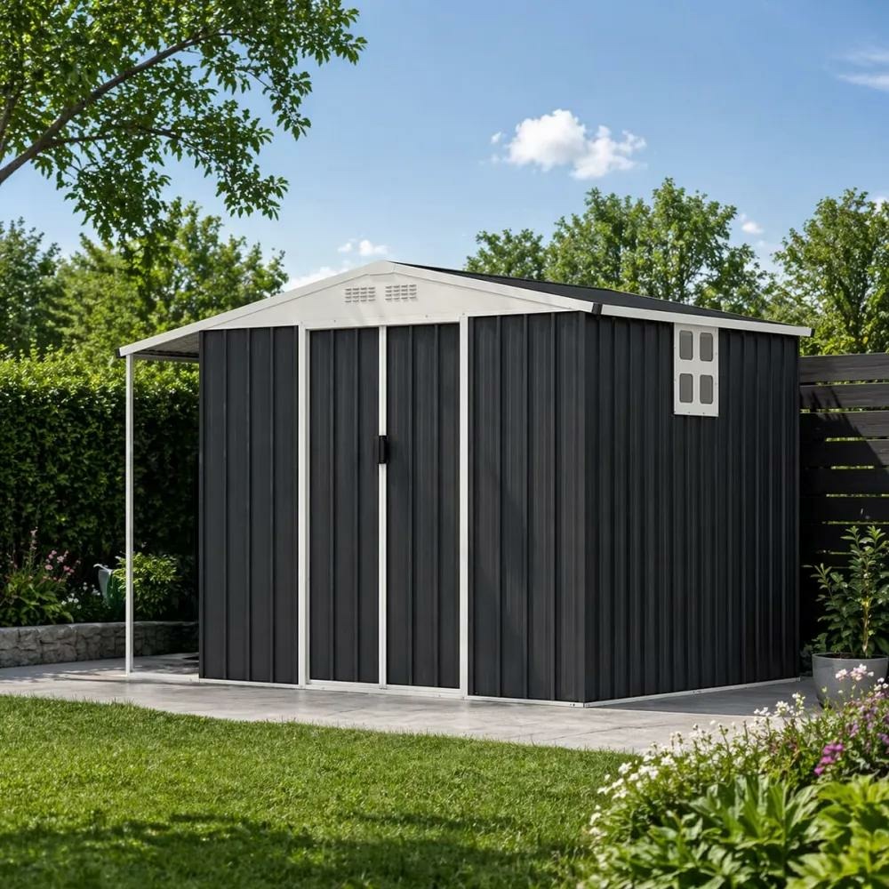Abri de jardin argence en acier avec carport - 2 portes coulissantes 4,69m²