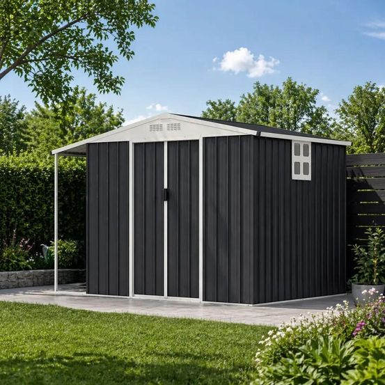 Abri de jardin argence en acier avec carport - 2 portes coulissantes 4,69m²