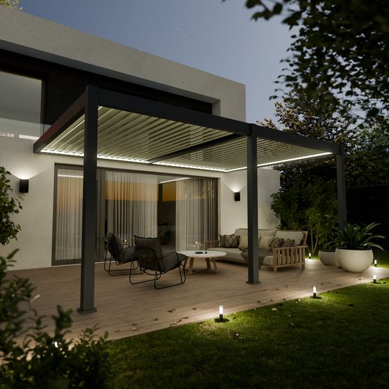 Pergola bioclimatique aluminium adossée 19m² - 3,6x5,3 - kit led inclus - anthracite - 34 lames en aluminium a 120 degrés - halo