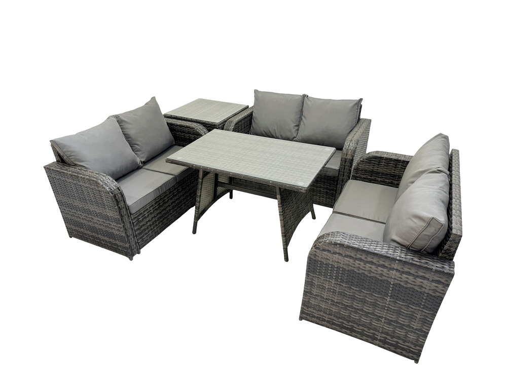 Salon de jardin 6 places avec canapé d'amour table à manger rectangulaire table d'appoint gris foncé mixte