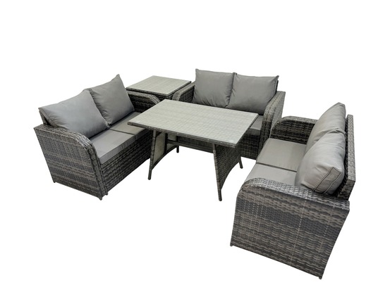 Salon de jardin 6 places avec canapé d'amour table à manger rectangulaire table d'appoint gris foncé mixte