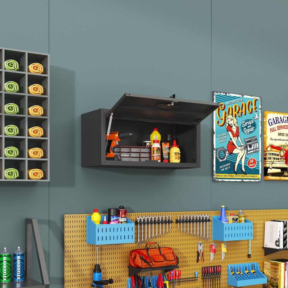 Rangement mural d'atelier en acier avec porte relevable assistée par vérin hydraulique, 75cm noir 54kg – comfortxl outdoor living