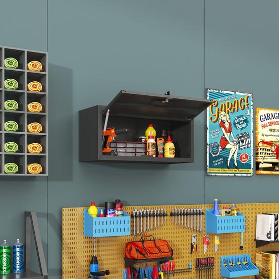 Rangement mural d'atelier en acier avec porte relevable assistée par vérin hydraulique, 75cm noir 54kg – comfortxl outdoor living