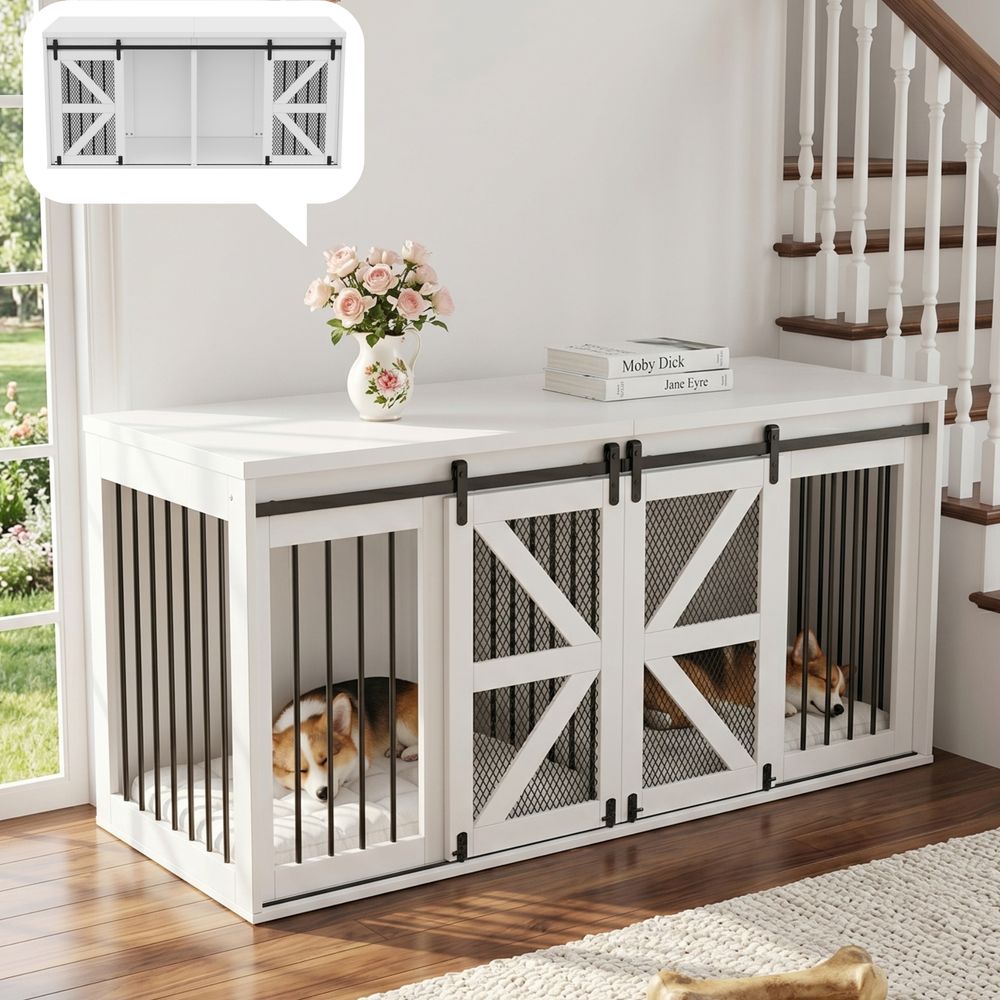 Niche meuble pour 2 chiens bois et métal blanc 160 x 60 x 75 cm portes coulissantes