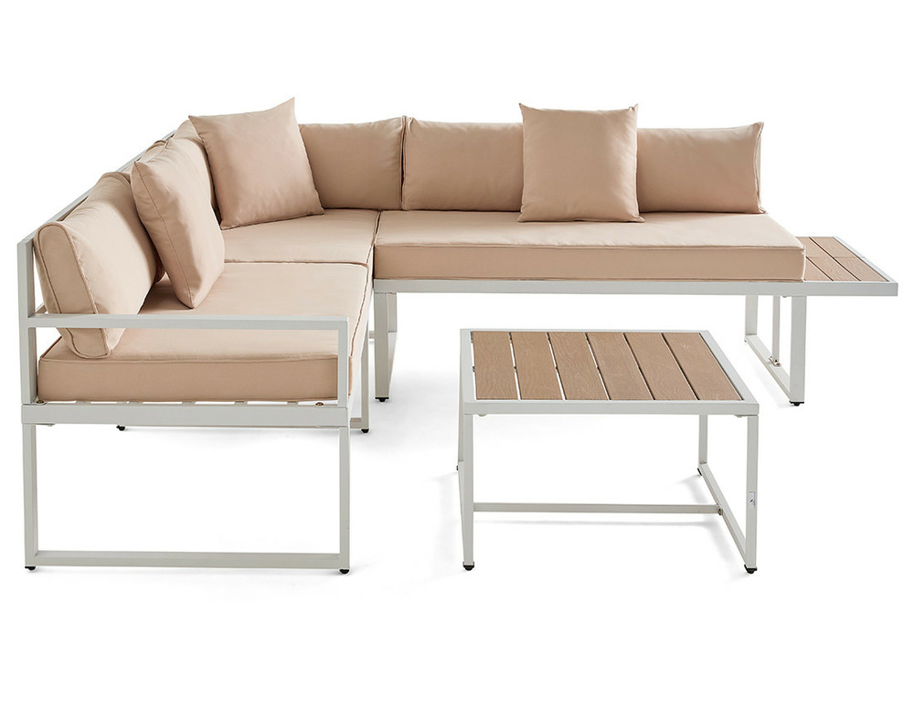 Anoha – salon de jardin d'angle en acier blanc – 5 places - coussins beige et table incluse